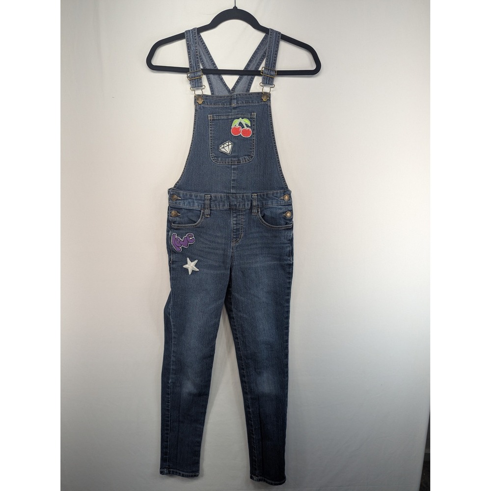 Justice Girls Dark Wash Patchwork Denim Overalls Size 14 Slim Leg Dungarees